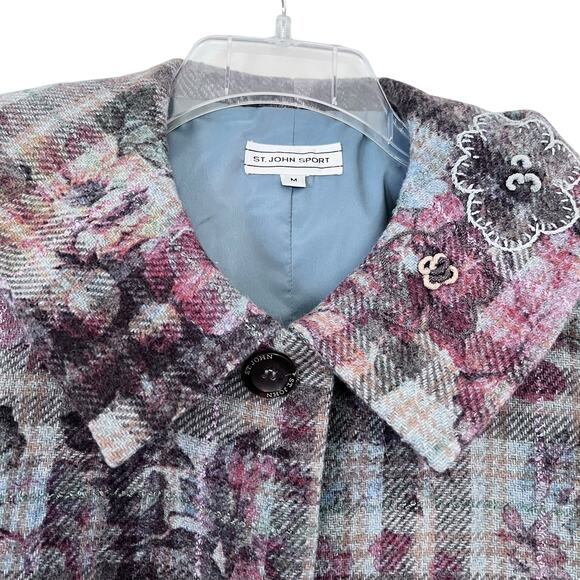 St. John Sport Plaid Wool Blend Floral Embroidered Collared Jacket Size Medium - Picture 4 of 15